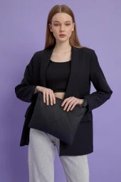 Kadın Siyah Deri Kapitone Clutch El Çantası - 4