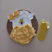 MARS BABY Kız Bebek Sarı Arılı Fırfır Şort Etek Bodyli Sarı File Takımı - 1