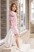 Kız Çocuk Sahte Cepli Blazer Ceket Dantelli Çiçek Işlemeli Bebe Yakalı Pembe Elbise thumbnail 7
