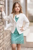 Kız Çocuk Sahte Cepli Blazer Ceket Dantelli Çiçek Işlemeli Bebe Yakalı Yeşil Elbise - 7