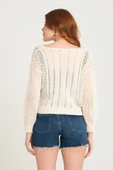 Kadın Ajurlu V Yaka Triko Kazak Ekru - 5