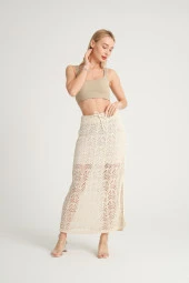 Kadın Ajurlu Triko Etek Ekru - 1