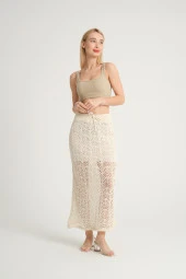 Kadın Ajurlu Triko Etek Ekru - 3