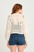 Kadın Ajurlu Crop Triko Kazak  Ekru - 5