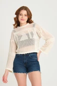 Kadın Ajurlu Crop Triko Kazak  Ekru - 1