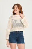 Kadın Ajurlu Crop Triko Kazak  Ekru - 2