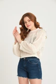 Kadın Ajurlu Crop Triko Kazak  Ekru - 3