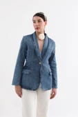 Kadın Uzun Kollu Tek Düğmeli Jean Ceket Mavi - 4