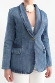 Kadın Uzun Kollu Tek Düğmeli Jean Ceket Mavi - 7