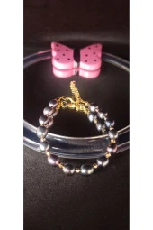 İnci Mode 24k Altın Kaplama Gerçek İnci Siyah Kesme Dorika Detaylı Tasarım  Zarif Bileklik thumbnail 1