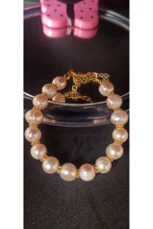 İnci Mode 24k Altın Kaplama İnci Somon Renk Ara Detaylı Tasarım Bileklik thumbnail 1