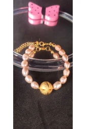 İnci Mode 24K Altın Kaplama Somon Gerçek İnci Tasarım Bileklik thumbnail 1