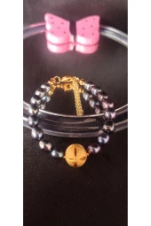 İnci Mode 24K Altın Kaplama Siyah Gerçek İnci Tasarım Bileklik thumbnail 1