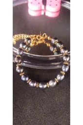 İnci Mode 24k Altın Kaplama Hakiki İnci Siyah Renk Ara Detaylı Tasarım Bileklik thumbnail 1