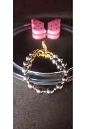 İnci Mode 24k Altın Kaplama Gerçek İnci Siyah Kesme Dorika Detaylı Tasarım  Zarif Bileklik thumbnail 2