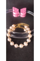 İnci Mode 24k Altın Kaplama Gerçek İnci Somon Kesme Dorika Detaylı Tasarım  Zarif Bileklik thumbnail 2