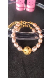 İnci Mode 24K Altın Kaplama Somon Gerçek İnci Tasarım Bileklik thumbnail 2