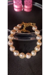 İnci Mode 24k Altın Kaplama İnci Somon Renk Ara Detaylı Tasarım Bileklik thumbnail 2