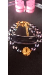 İnci Mode 24K Altın Kaplama Siyah Gerçek İnci Tasarım Bileklik thumbnail 2