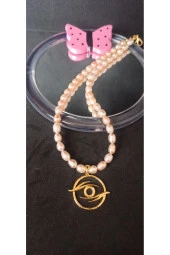 İnci Mode 24k Altın Kaplama Gerçek İnci Göz Detaylı Somon Tasarım Kolye thumbnail 1