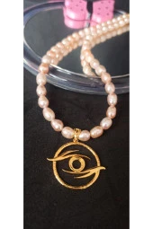 İnci Mode 24k Altın Kaplama Gerçek İnci Göz Detaylı Somon Tasarım Kolye thumbnail 2