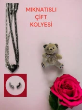 Mıknatıslı Çift Ruh İkizi Gümüş Kaplama Taşlı Kolye Anneler ve Sevgililer Günü Peluş Ayıcık Hediye - 1