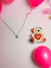 Kadın Kalp Nabız Ritim Gümüş Kaplama Taşlı Kolye Anneler ve Sevgililer Günü Peluş Ayıcık Hediye - 1