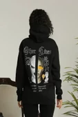 Sırt Baskılı Oversize Üç İplik Kapüşonlu Sweatshirt - Siyah - 2