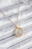 316L Çelik Gold Renk Zirkon Taş Detay Ay Yıldız Fanus Model Kadın Kolye - TJ-BKO8194 - 1