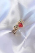 Gold Renk Kırmızı Zirkon Taş Kalp Model Pirinç Kadın Yüzük - TJ-BYK2631 thumbnail 1