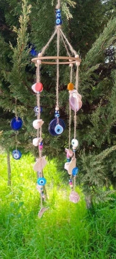 Rüzgar Çanı Nazar Boncuklu Hasır Kötü Göz Kovucu Deniz Kabuklu Duvar Süsü - 1