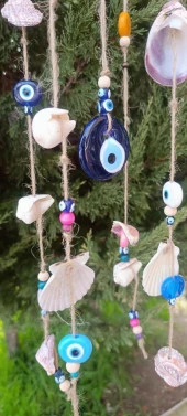 Rüzgar Çanı Nazar Boncuklu Hasır Kötü Göz Kovucu Deniz Kabuklu Duvar Süsü - 5