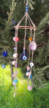 Rüzgar Çanı Nazar Boncuklu Hasır Kötü Göz Kovucu Deniz Kabuklu Duvar Süsü - 9