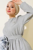 Kuşaklı Kat Keten Elbise Gri thumbnail 2