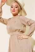 Kuşaklı Kat Keten Elbise Latte thumbnail 3