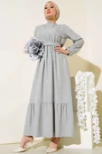 Kuşaklı Kat Keten Elbise Gri thumbnail 1