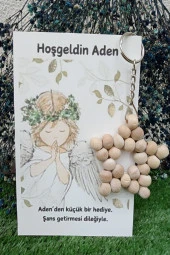 10 Adet Melek Kartlı Ahşap Yıldız Anahtarlık - Bebek Hediyesi - Yenidoğan Hediye - Mevlid  - Kişisel - 1