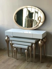 Dresuar-Tombu 18217 Zigon İmza Oval ayna Kayın MDF ayak Tabla Gold-Beyaz UYUM thumbnail 1