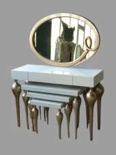 Dresuar-Tombu 18217 Zigon İmza Oval ayna Kayın MDF ayak Tabla Gold-Beyaz UYUM thumbnail 3