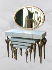 Dresuar-Tombu 18217 Zigon İmza Oval ayna Kayın MDF ayak Tabla Gold-Beyaz UYUM thumbnail 4