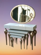 Dresuar-Tombu 18217 Zigon İmza Oval ayna Kayın MDF ayak Tabla Gold-Beyaz UYUM thumbnail 5