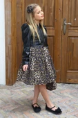 Kız Çocuk Leopar Desenli Siyah Deri Ceketli Elbise - 4