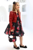 Kız Çocuk Çiçek Desenli Bordo Deri Ceketli Elbise - 1