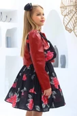Kız Çocuk Çiçek Desenli Bordo Deri Ceketli Elbise - 2