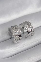 Pirinç Gümüş Renk Zirkon Taşlı Zincir Model Kadın Küpe thumbnail 1