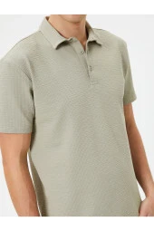 Polo Yaka Tişört Jakarlı Dokulu Düğmeli Kısa Kollu thumbnail 11