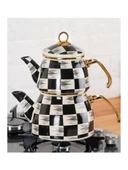 Acar XAP6375 Gold Kulplu Dama Desenli Emaye Alt/Üst Çaydanlık thumbnail 1