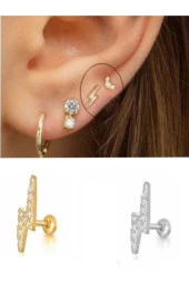Zirkon Taşlı Şimşek Figürlü Tragus Helix Piercing Kıkırdak Küpesi - 2
