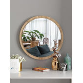 Dekoratif Açık Ceviz Yuvarlak Antre Hol Koridor Duvar Salon Banyo Wc Ofis Aynası Konsol Aynası 50 cm - 1