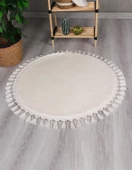 Modern Dekoratif Yuvarlak Puffy Peluş Ponpon Saçaklı Salon Oturma Odası Halısı Krem - 1